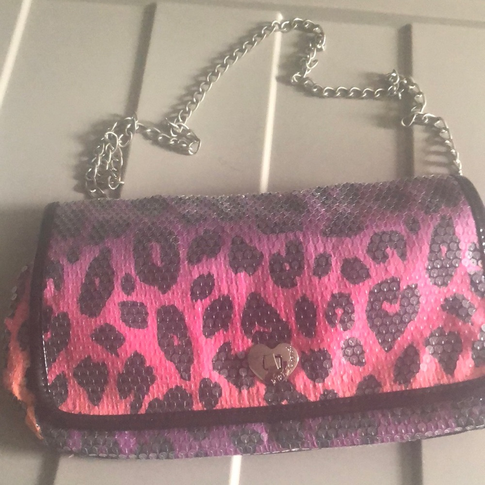 Betsey Johnson rainbow cheetah chain bag pink